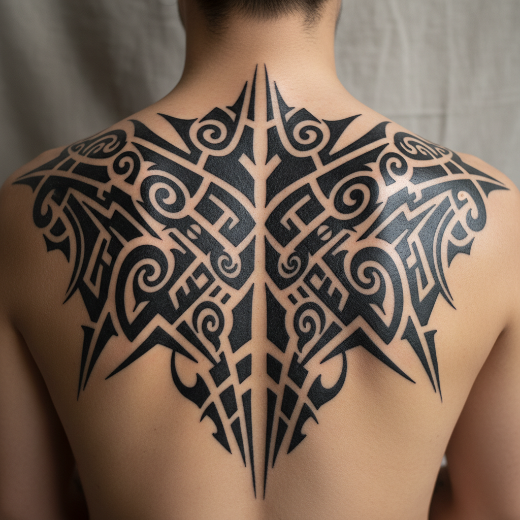 Healed back piece showing large scale black work tribal pattern with precise geometric symmetry