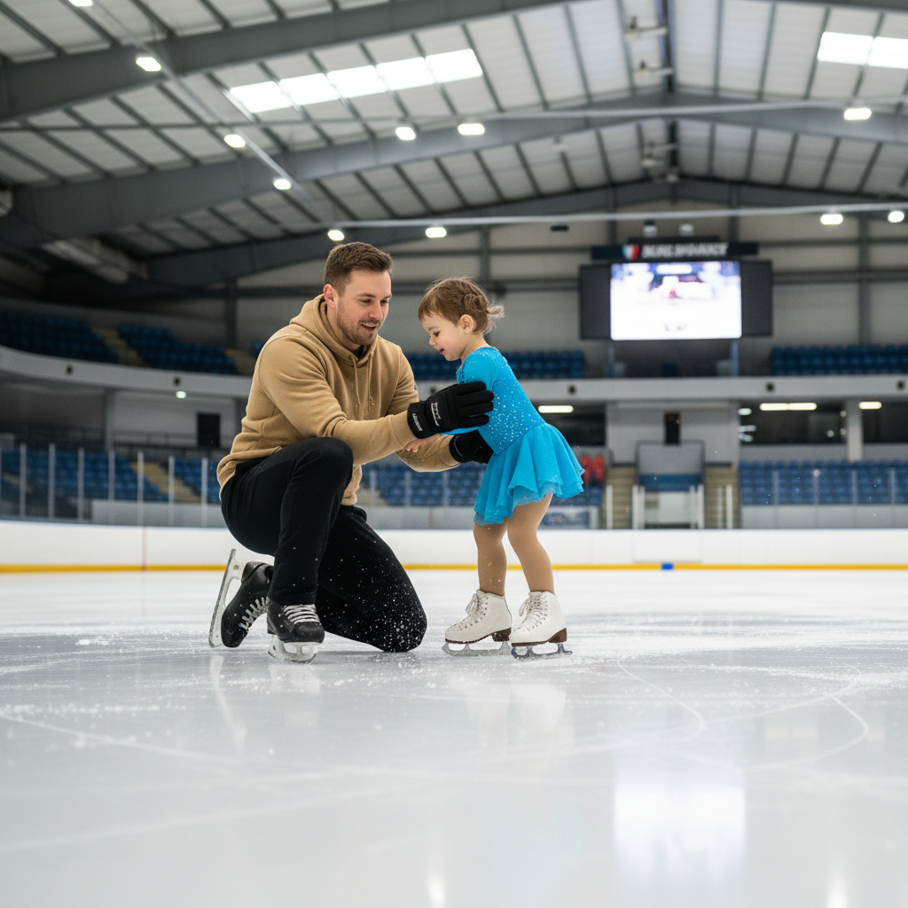 Ice skating coach kneeling at eye level with a young child on the ice