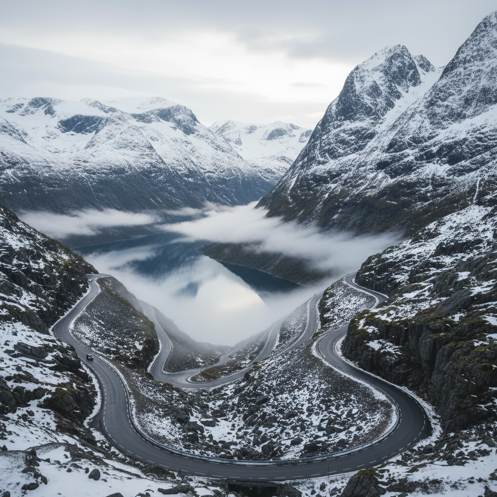 Snowy mountains in Norway with dramatic winter scenery and frozen landscape