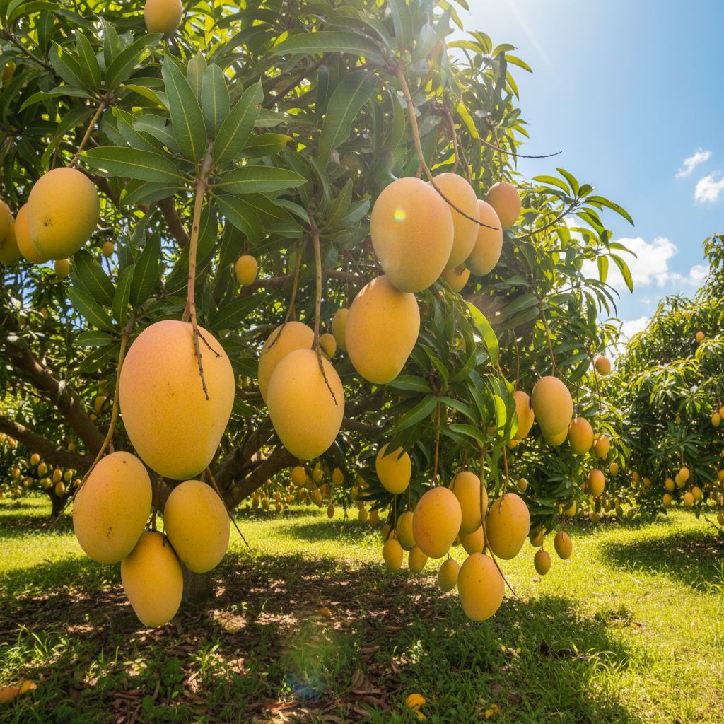 Lush green mango orchard in Maharashtra India with ripe mangoes hanging from trees in warm golden light