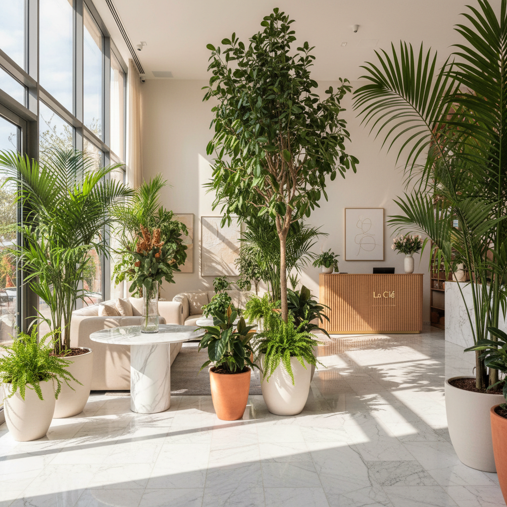 Boutique hotel lobby with curved reception desk, warm ambient lighting, and lush botanical arrangements