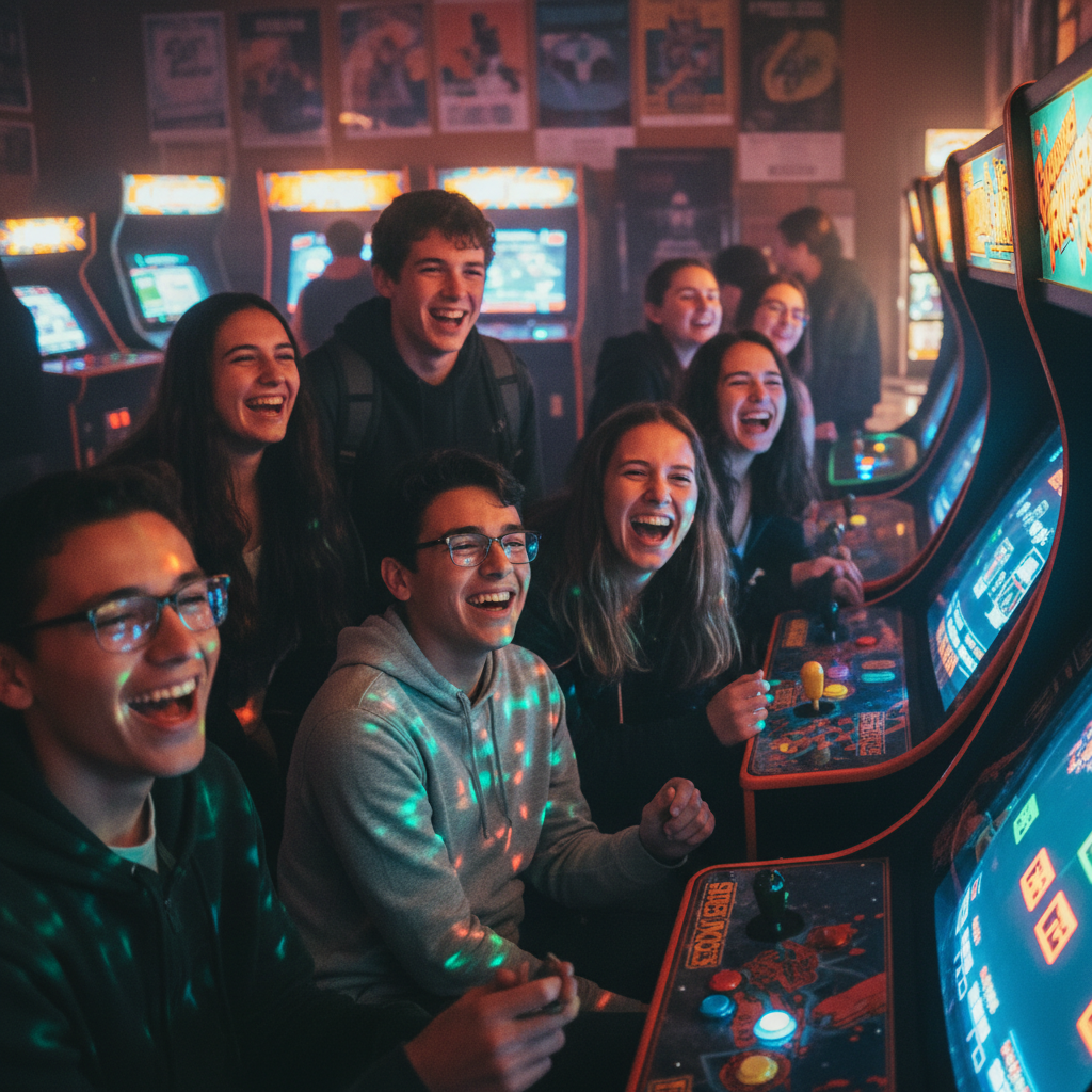 Teenagers laughing at arcade games, colorful cabinet lights reflecting on their faces