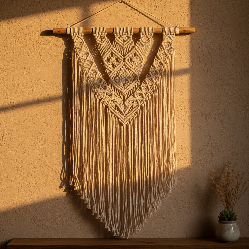 Completed macramé wall hanging with intricate diamond pattern and long natural fringe, hanging against warm plaster wall with evening light