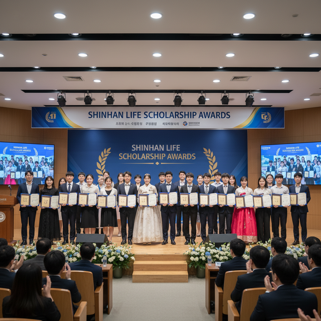 Students receiving scholarship awards at Shinhan Life ceremony