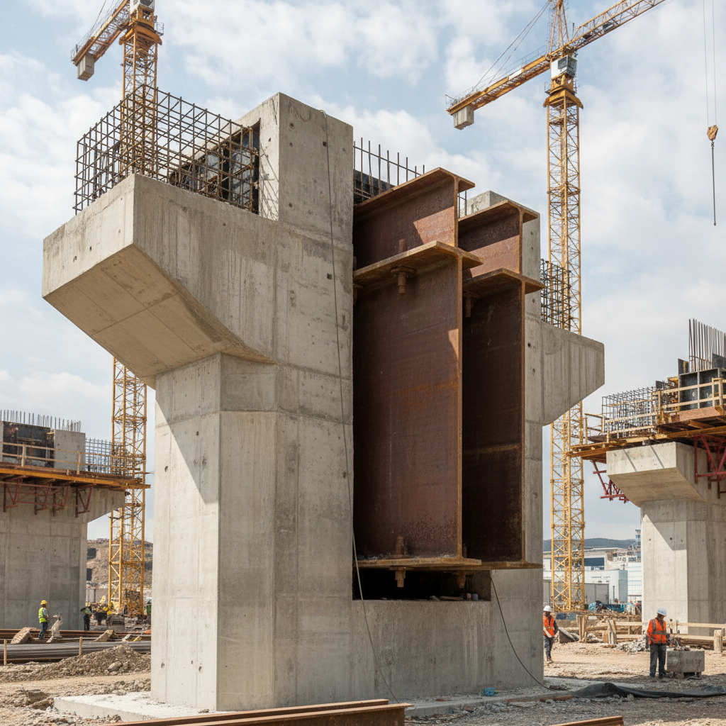 Large bridge construction with steel structures and cranes in clear daylight
