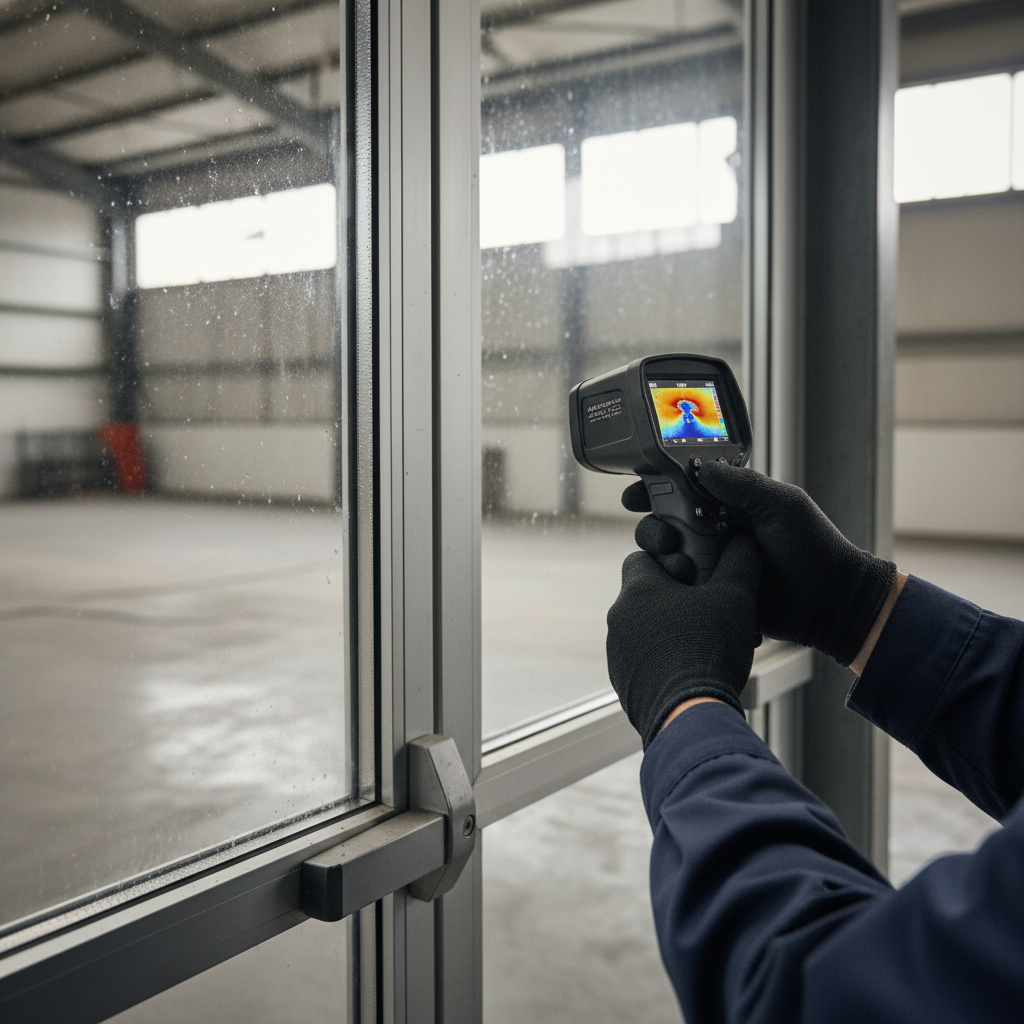 Technician holding a thermal imaging camera pointed at a commercial building door frame in a warehouse