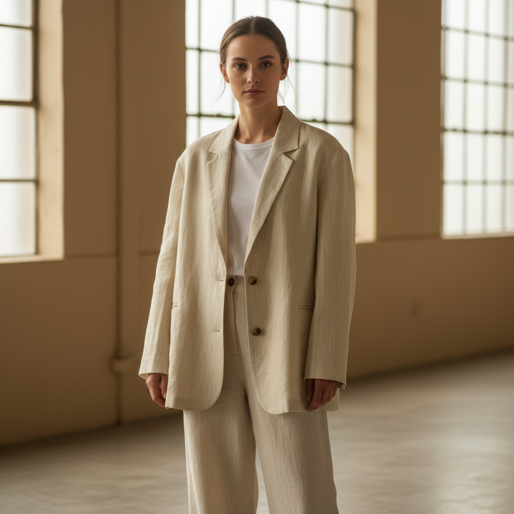 Woman wearing oversized cream linen blazer side view detail shot