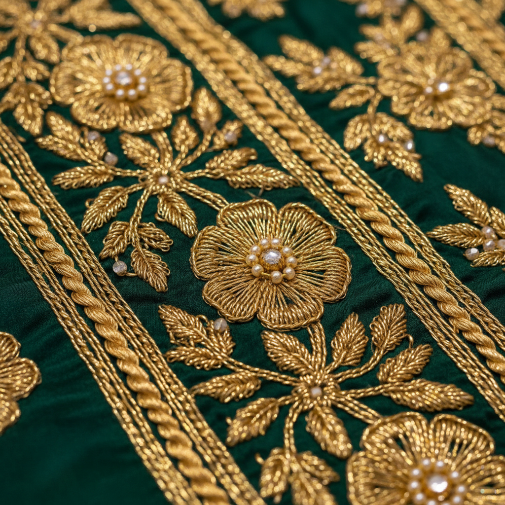 Close detail of intricate peacock motif woven in gold thread on deep teal Banarasi silk fabric