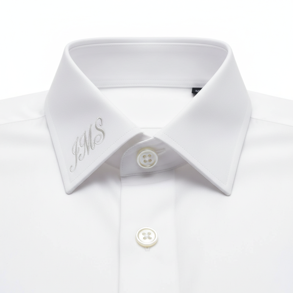 Close-up of monogrammed white dress shirt collar with pearl buttons