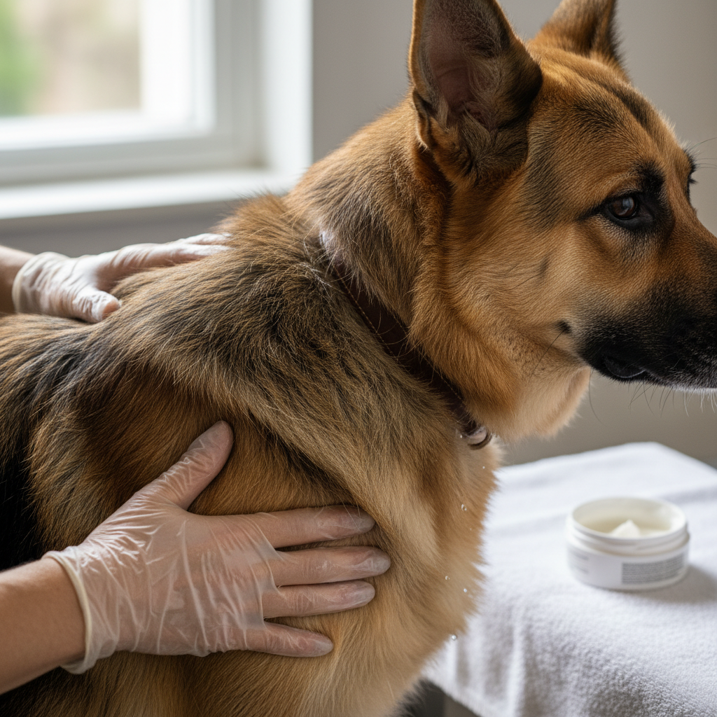 Close-up of groomer applying conditioning balm to freshly dried German Shepherd coat