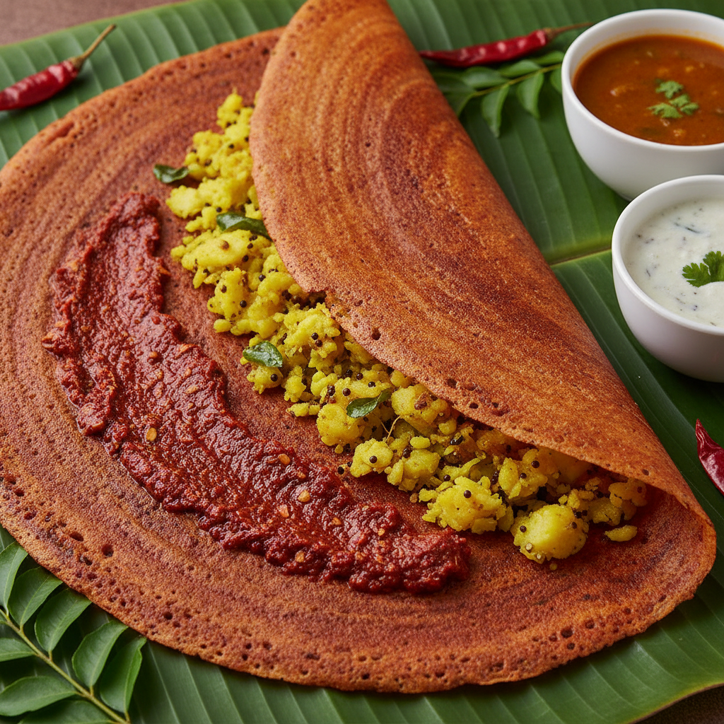 Masala Dosa — Dosa with spiced potato filling, Indian café food photography with warm colours and appetising presentation