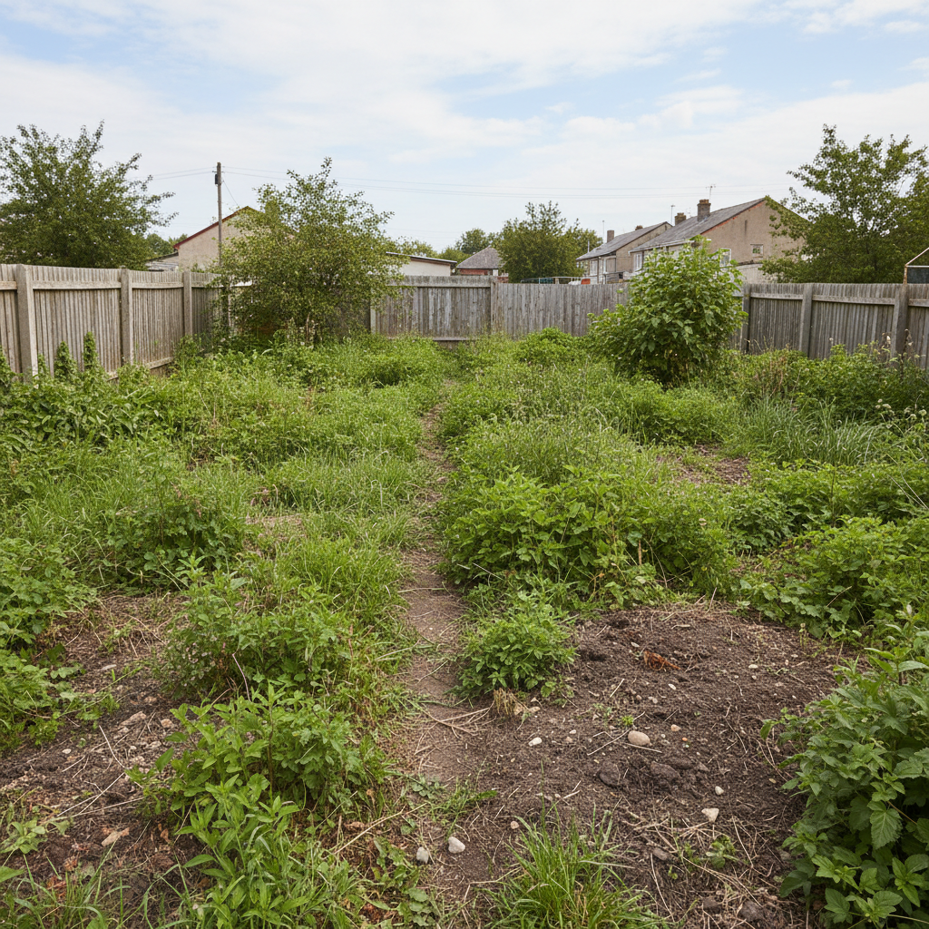 Overgrown backyard with tall grass