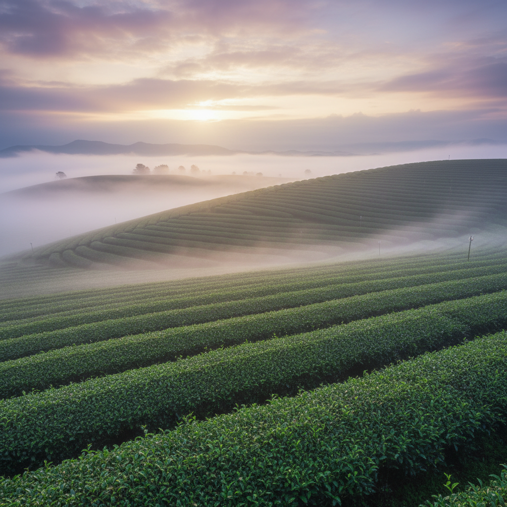 Panoramic Sri Lankan tea plantation in misty highlands at dawn