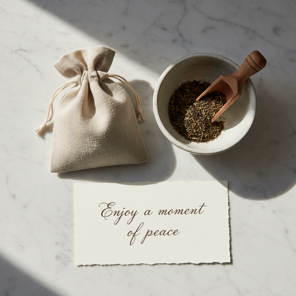 Loose leaf tea in small kraft bags with dried flowers, bright airy flat lay on white linen