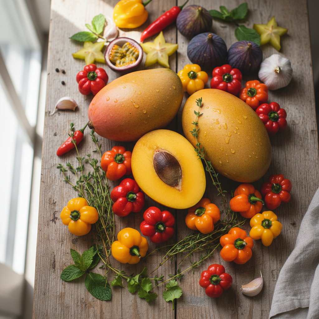 Colourful assortment of fresh Caribbean vegetables including callaloo, peppers, and tomatoes in bright natural light on wooden surface
