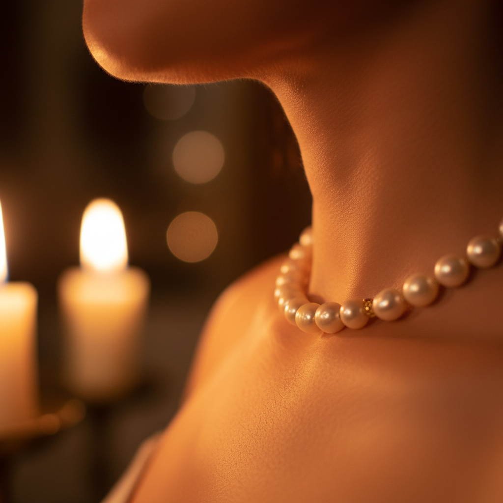 Pearl choker necklace illuminated by candlelight against warm amber skin