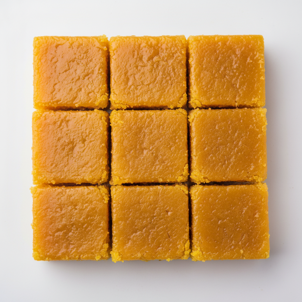 Golden crumbly Mysore Pak squares dusted with sugar, stacked on a bronze plate against a warm saffron backdrop