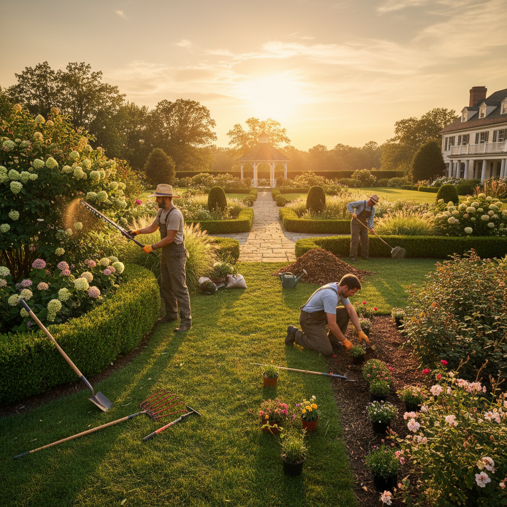 Landscaper crew doing yard work, dramatic golden hour light