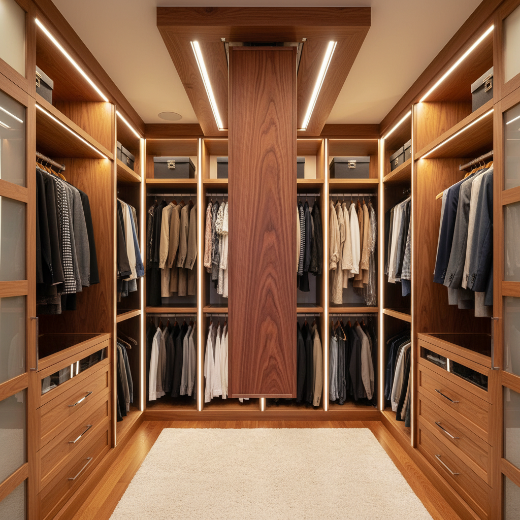 Motorized cedar pull-down hanging rod in luxury master closet with integrated LED lighting