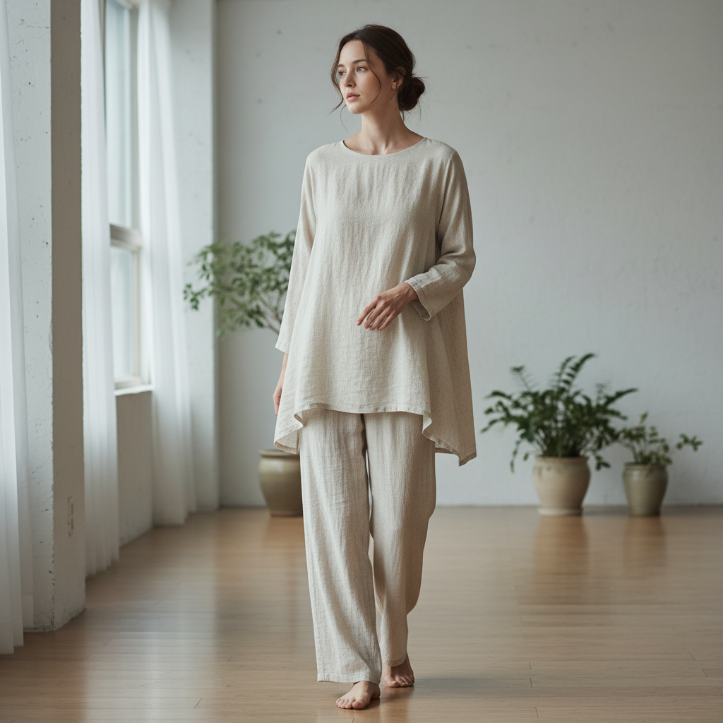 Woman in pastel mint linen co-ord set, bright airy outdoor setting, soft morning light