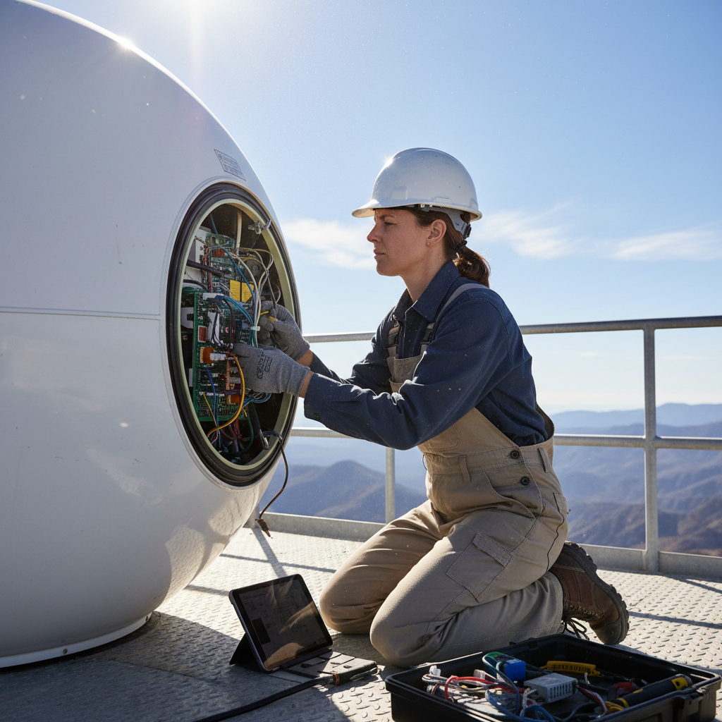Professional weather radar maintenance technician working on advanced meteorological equipment