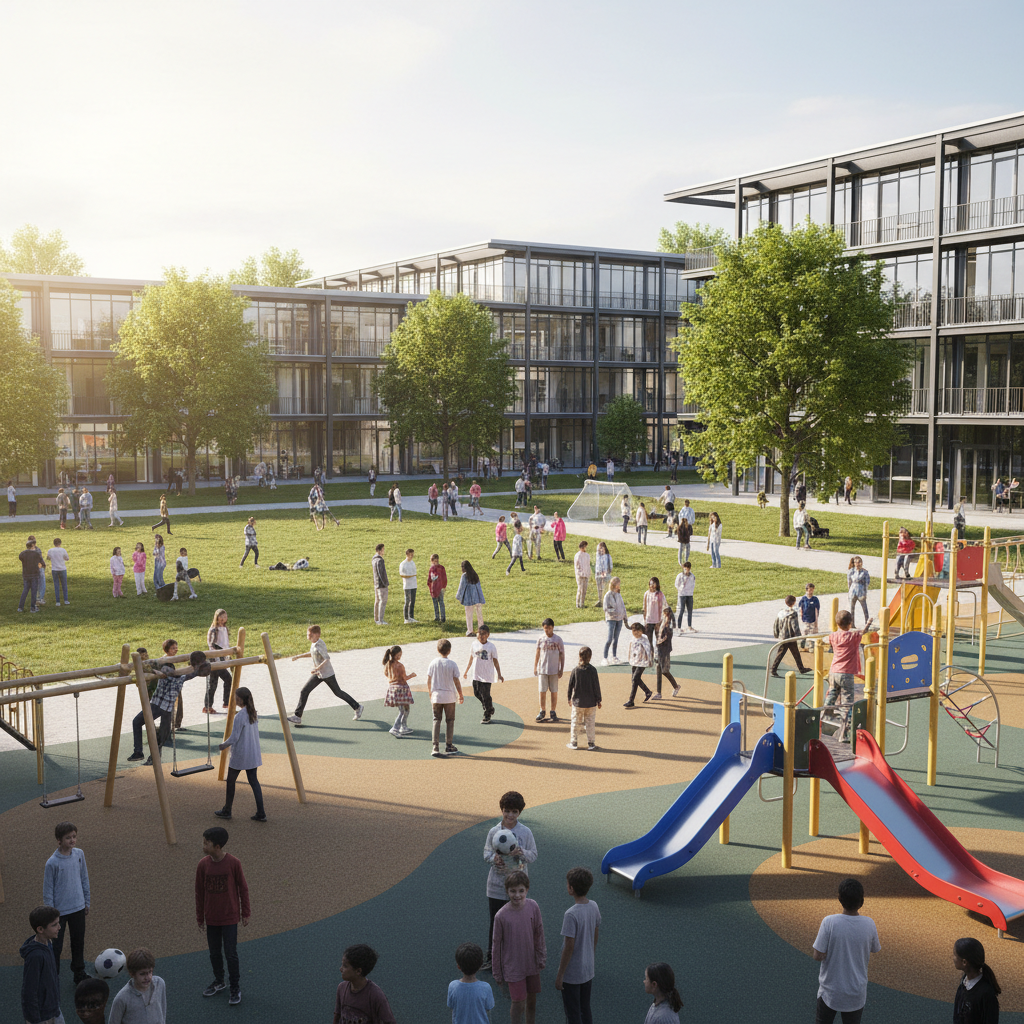 Modern school campus with students in playground at break time