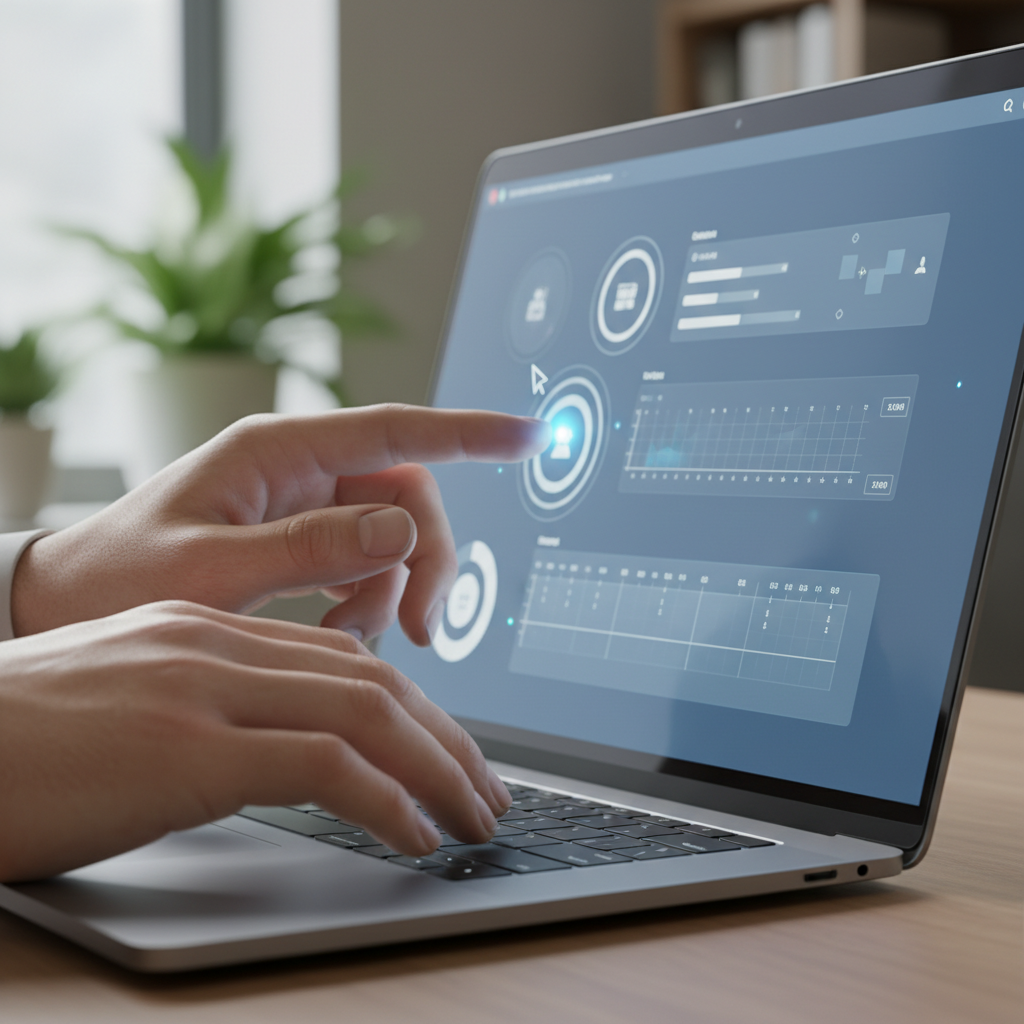 Hands typing on laptop with multiple software interfaces visible, modern workspace with monitors, professional office setting