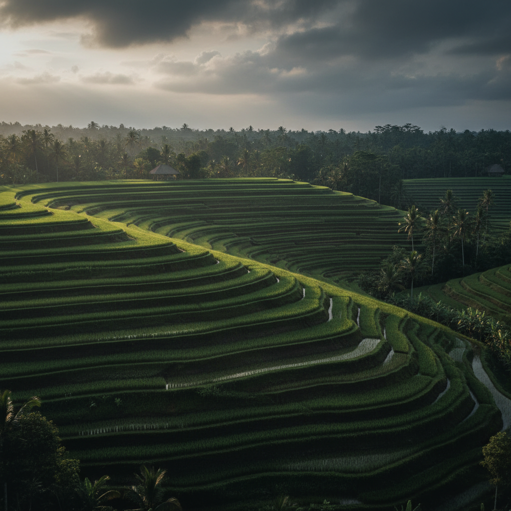 Bali rice terraces at dusk, deep green shadows, dim atmospheric sky, dark tropical landscape, low-key natural lighting