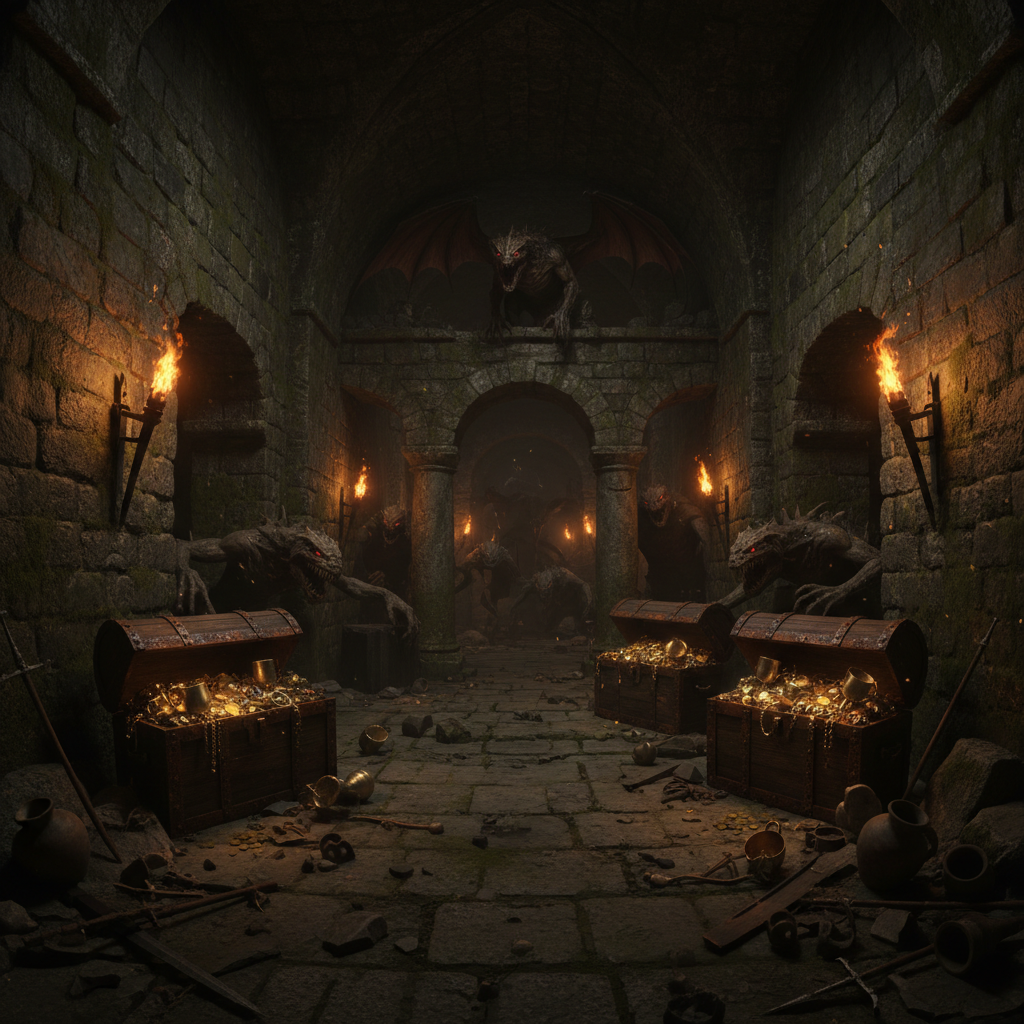 Dark dungeon environment with torchlight and stone walls, atmospheric RPG underground setting