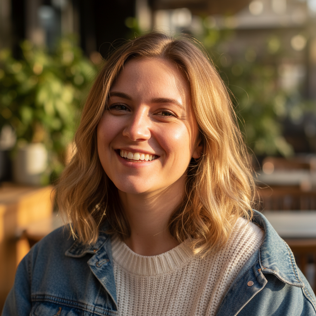 Young woman in her late 20s smiling warmly, bright background