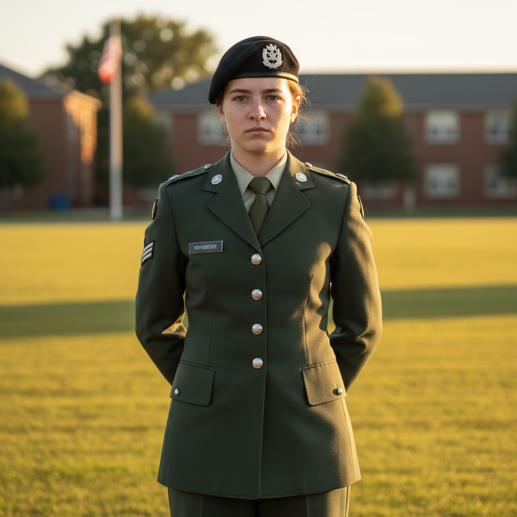 Priya, a seventeen-year-old cadet with a determined expression outdoors