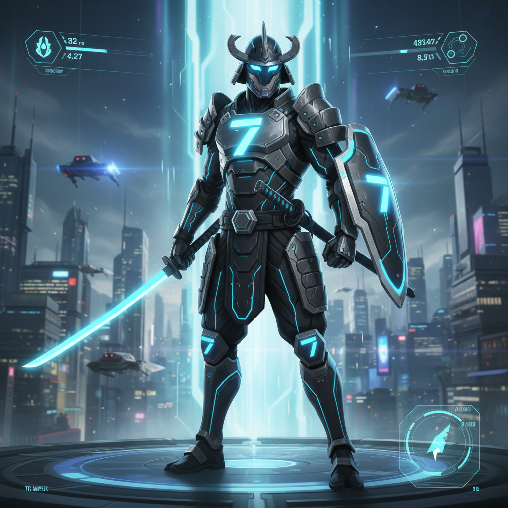 Cyber Samurai - Karakter samurai futuristik dengan armor teknologi canggih dan katana energi biru dalam pose pertempuran yang menggabungkan tradisi dan teknologi