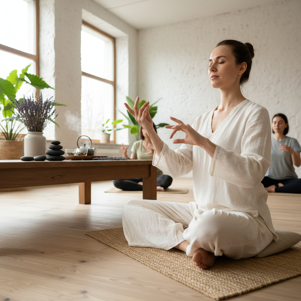 Peaceful woman with closed eyes meditating in bright room with natural light