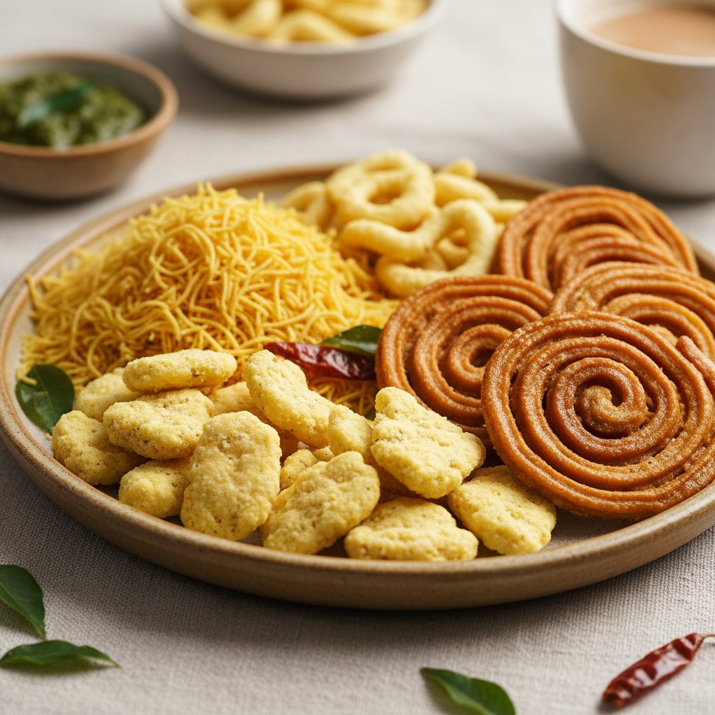 Traditional Gujarati snacks in warm natural lighting - farsan and namkeen varieties