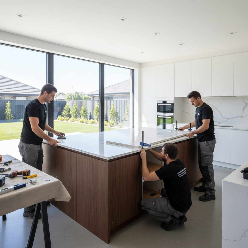 Modern fitted kitchen installation with new units and worktops