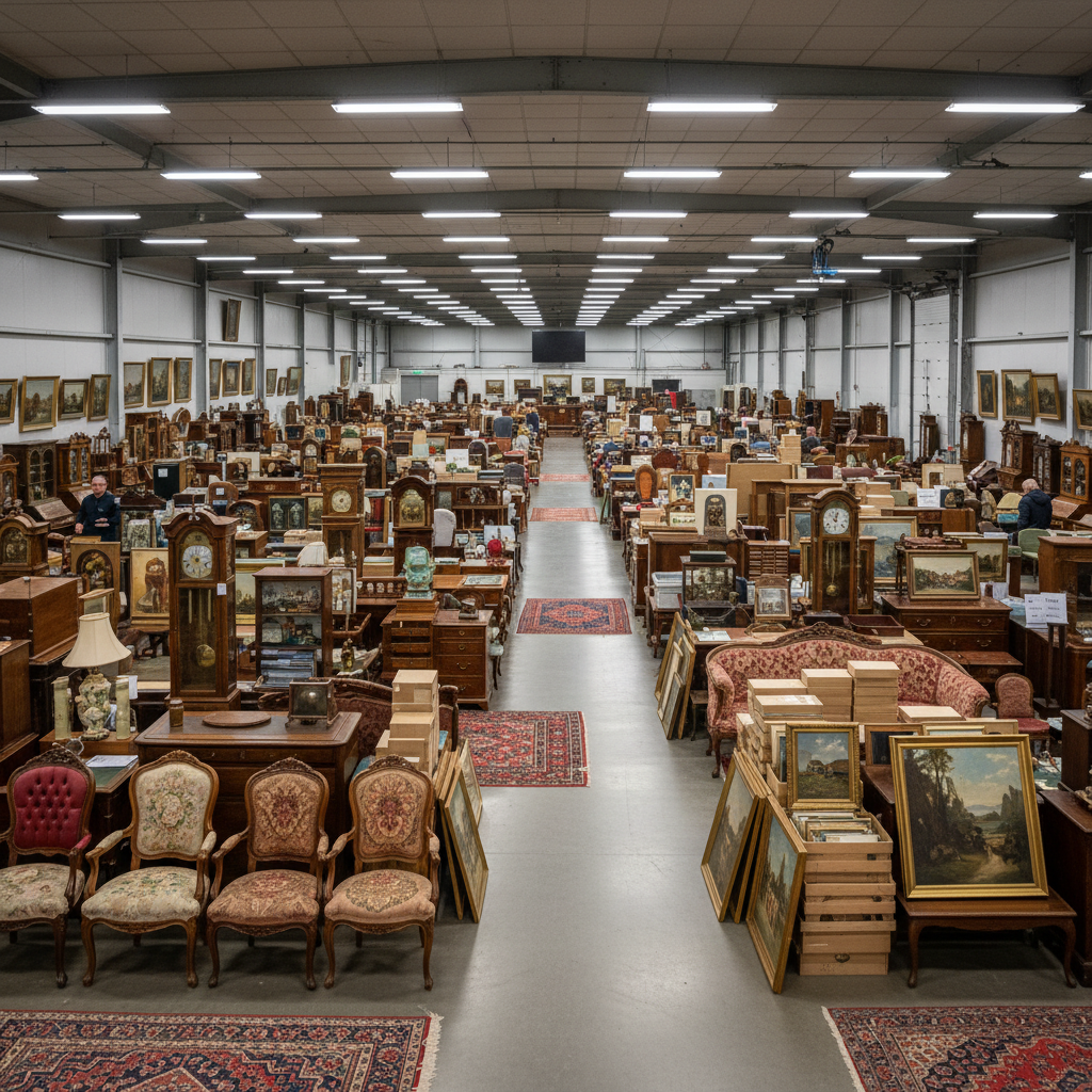 Rows of antique furniture and estate contents staged for auction in a large hall