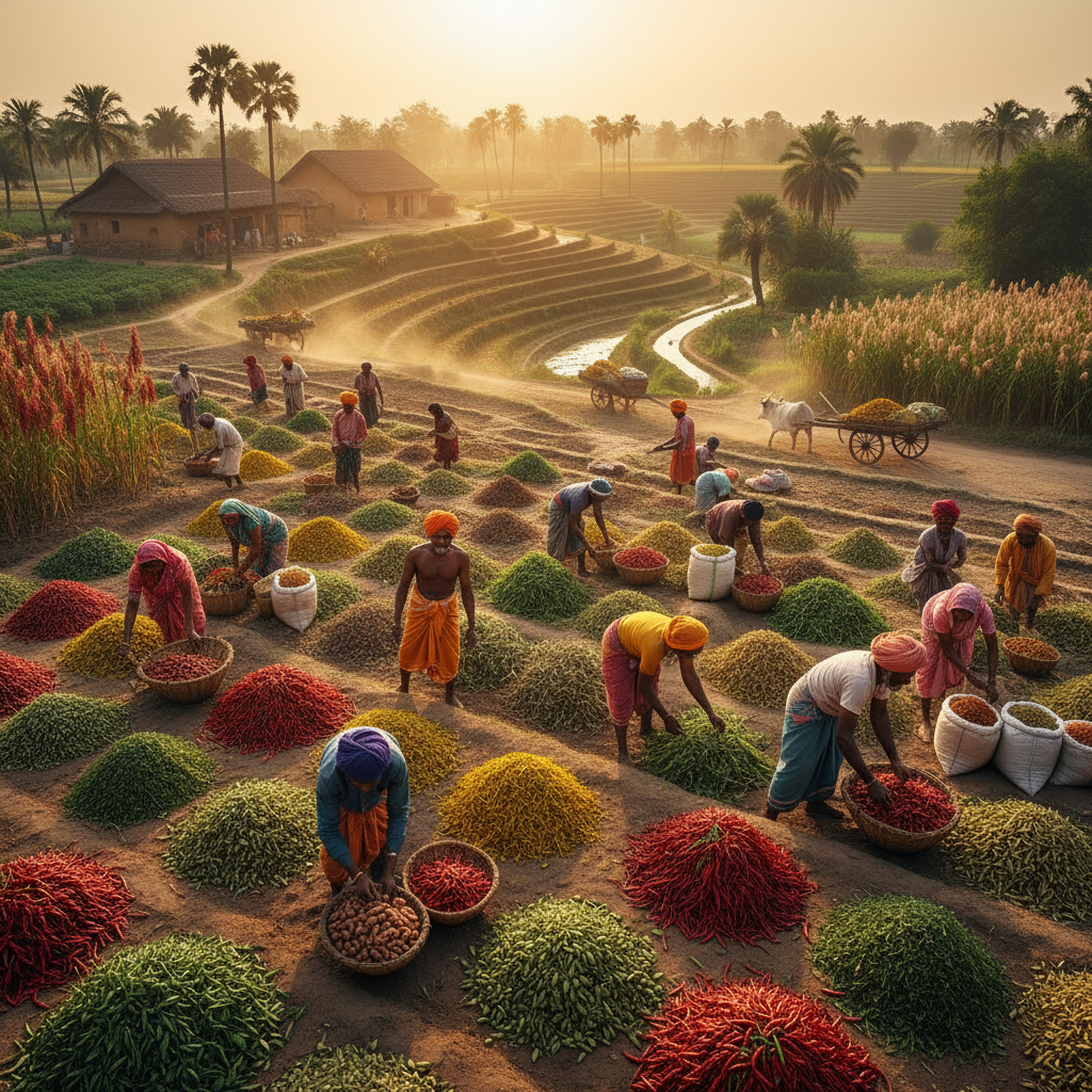 Green spice farm fields with lush crops growing in rows under bright Indian sunlight