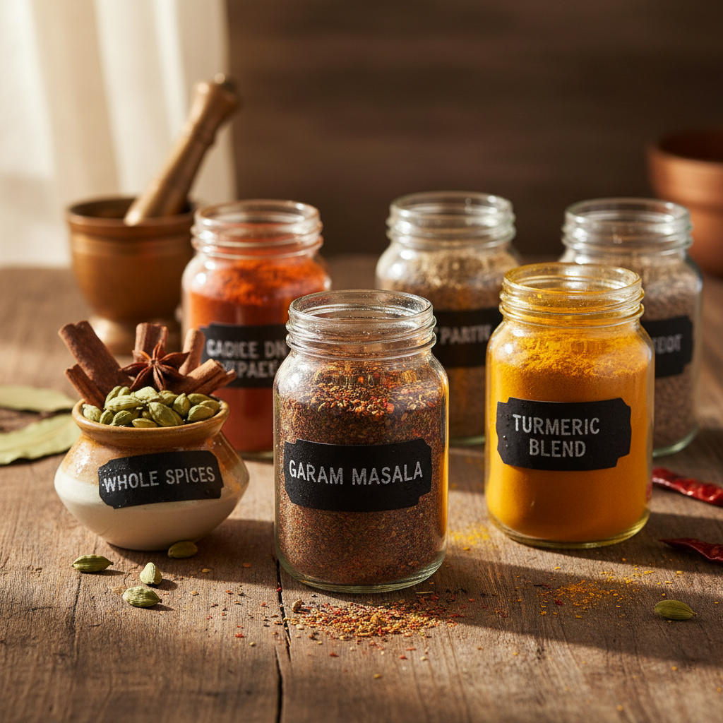 Assorted ground spices in small ceramic bowls with warm golden, red and orange tones on rustic wooden surface in warm side lighting