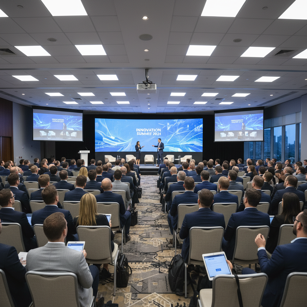 Conferencia corporativa con escenario iluminado y gran audiencia en sala de eventos moderna