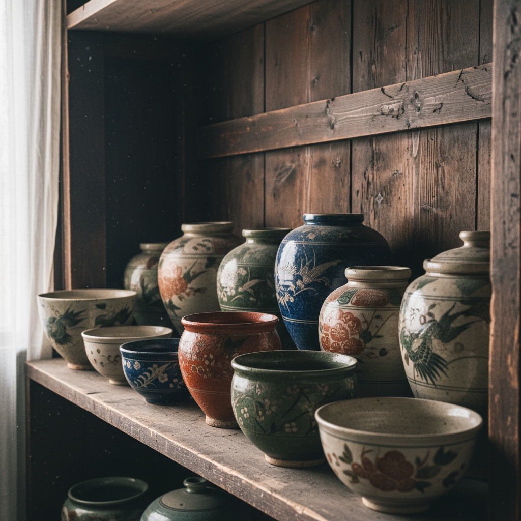 Traditional Japanese ceramic vessels with aged wood background and soft light