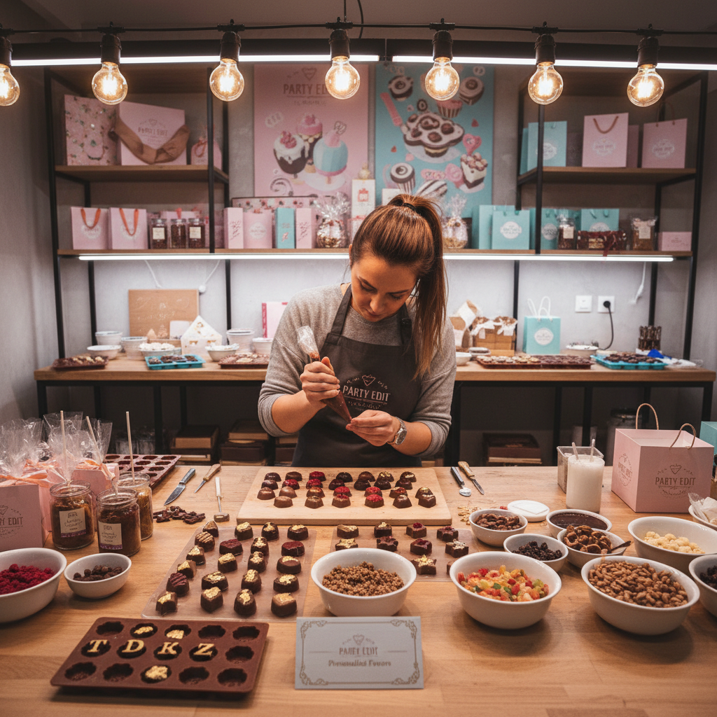 Party Edit team member assembling personalised chocolate favours in a bright warm workshop