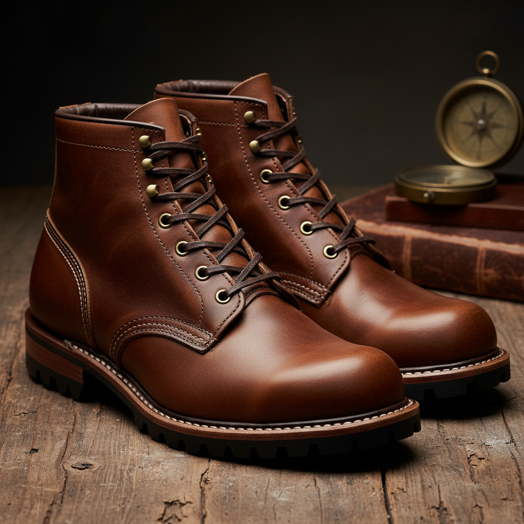 Bottes en cuir marron sur fond de bois rustique, collection Dady Shoes