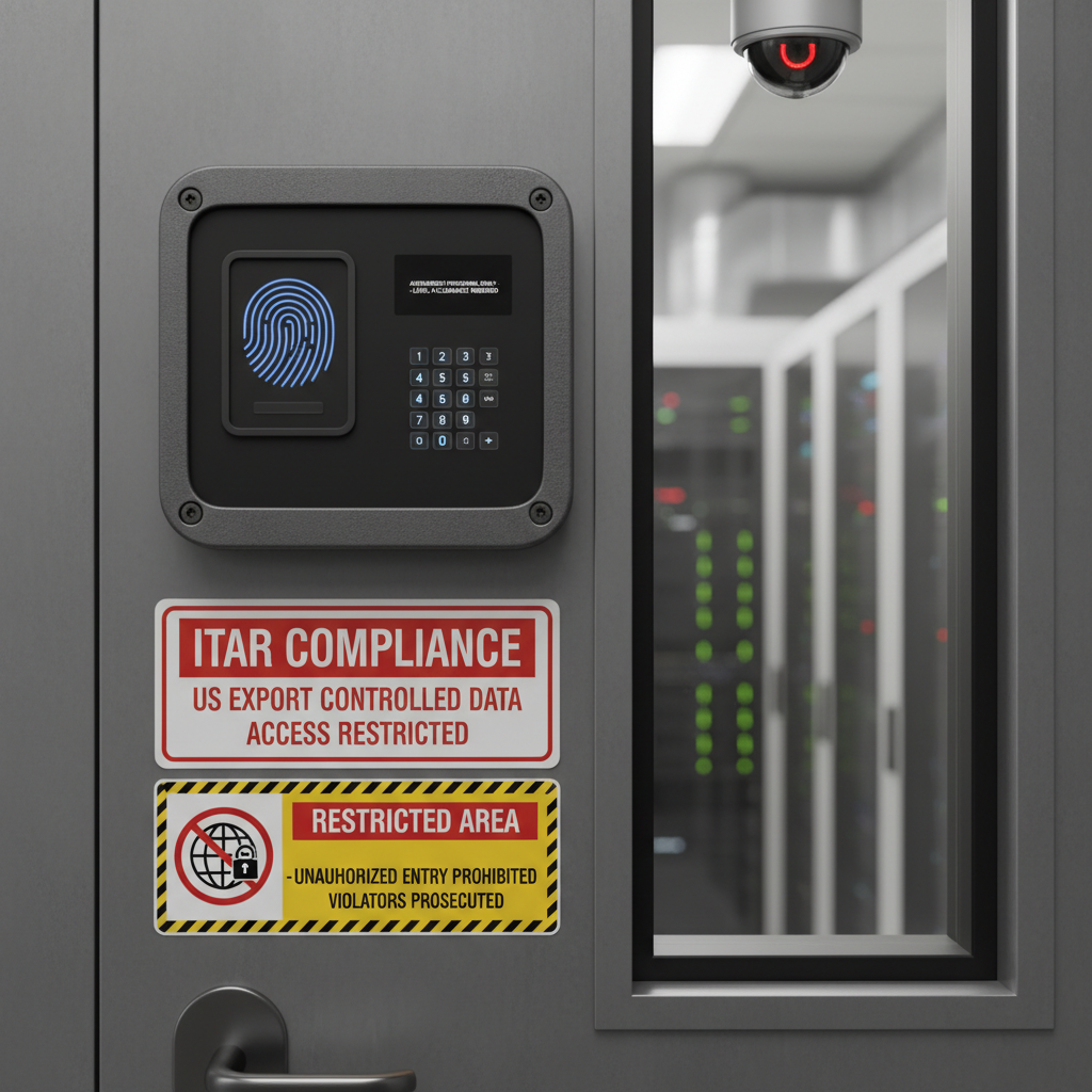 Secure manufacturing facility entrance with ITAR compliance signage and security checkpoint for defense aerospace operations