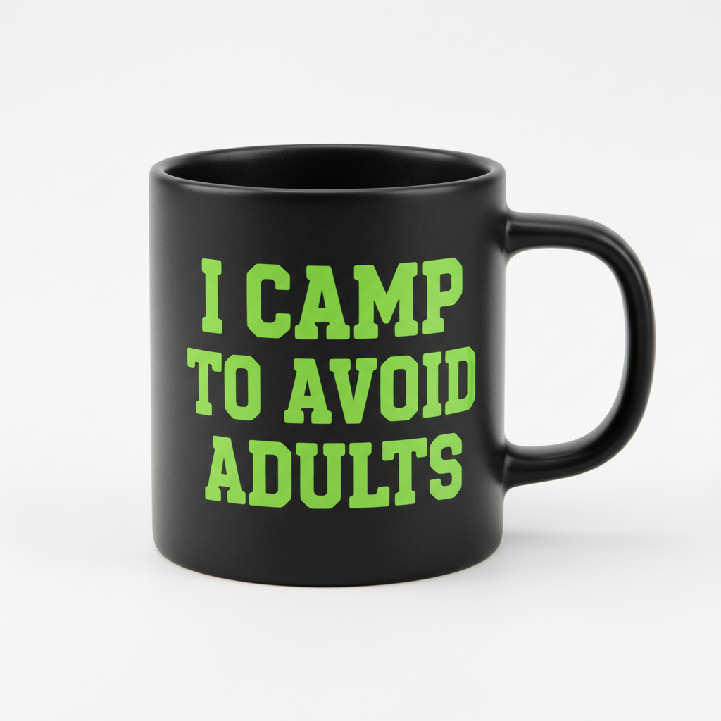 Custom printed camp mug with sarcastic quote in chunky serif font, black and neon green