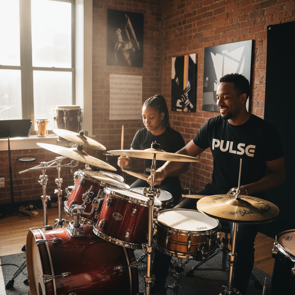 Teaching team hands-on: an instructor guiding student drumming technique during a Pulse workshop