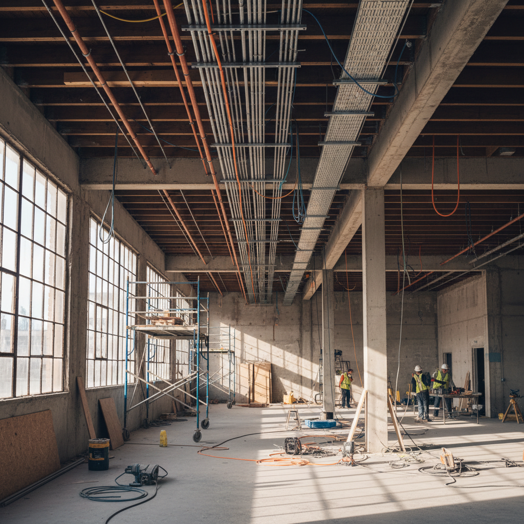 Electrical conduit runs along exposed ceiling of a maker space under construction