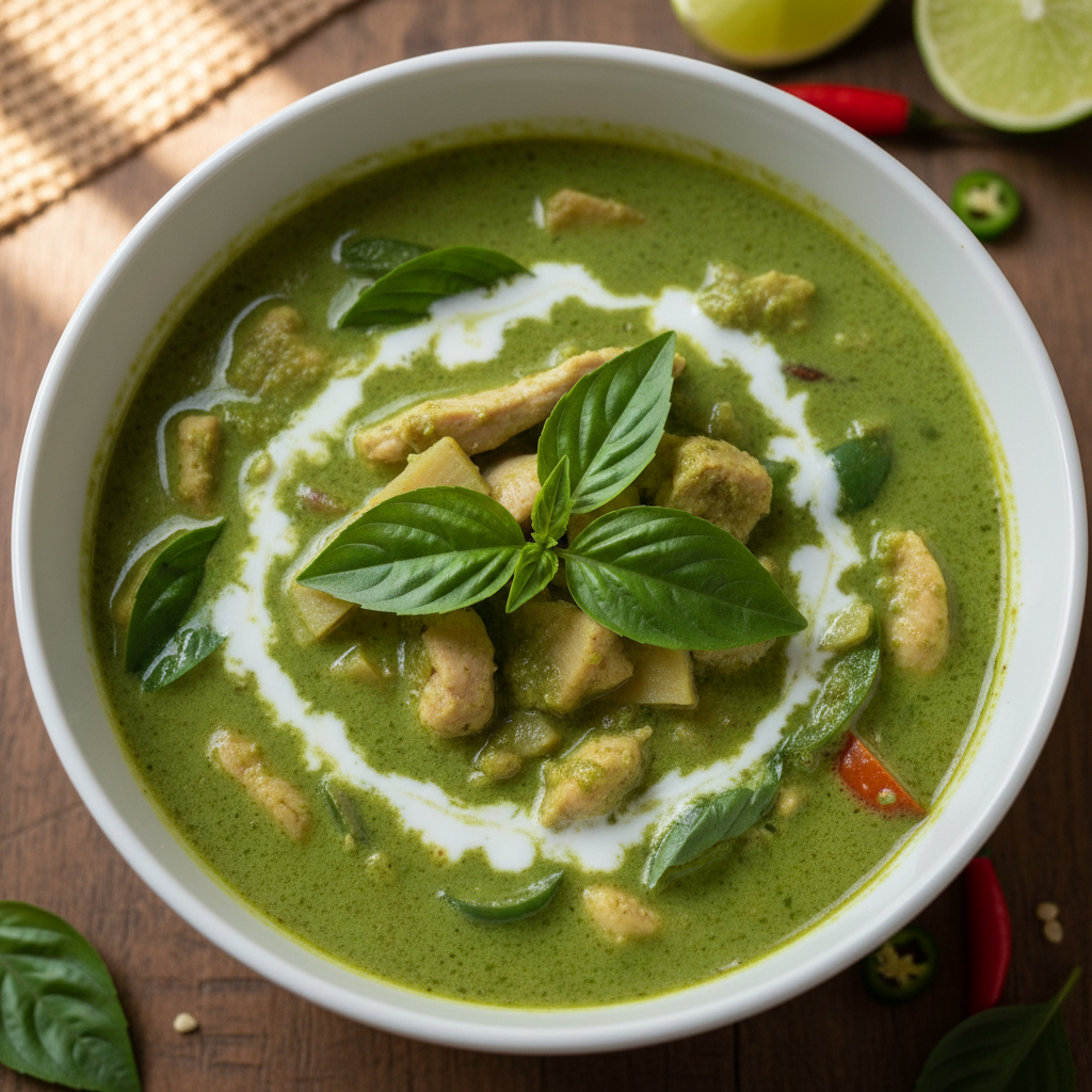 Green curry with Thai eggplant in coconut milk with fresh herbs and jasmine rice