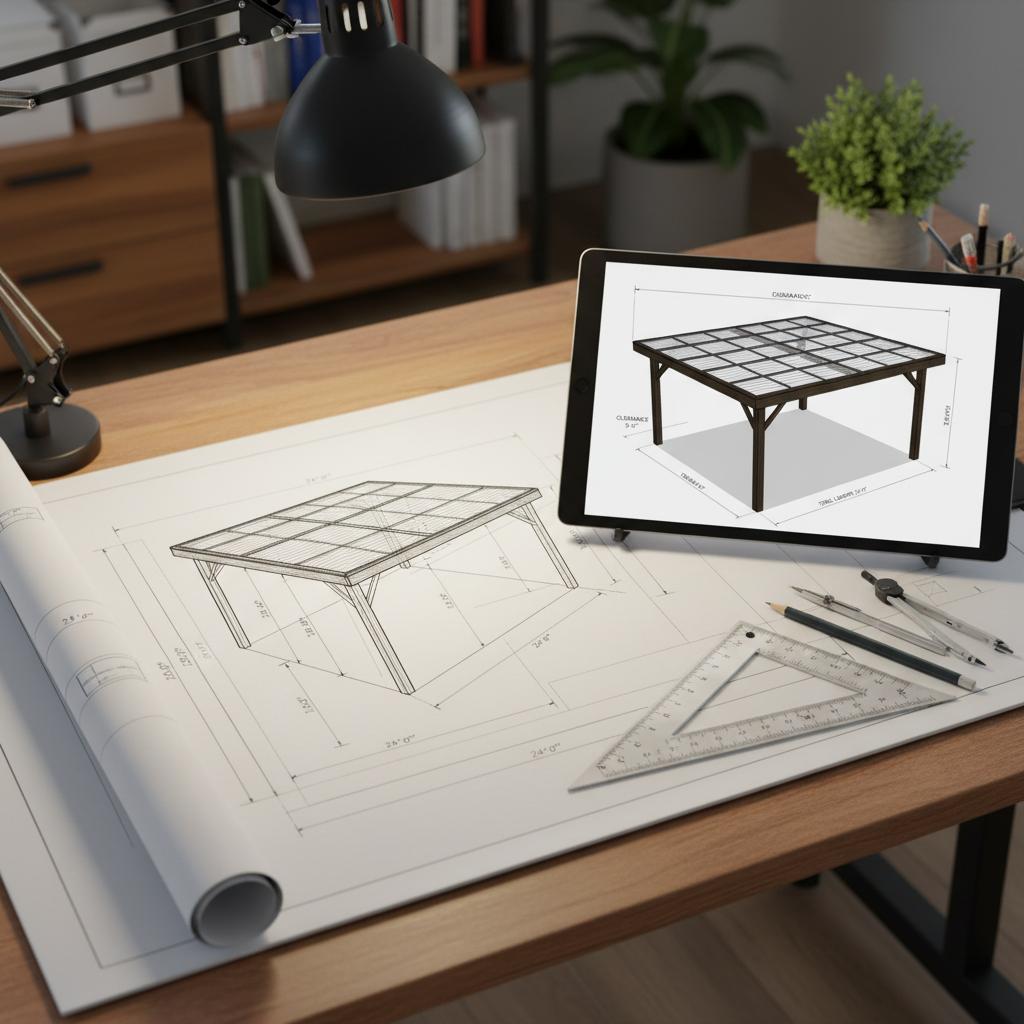 Architectural blueprint and 3D carport rendering with dimension annotations on a drafting table