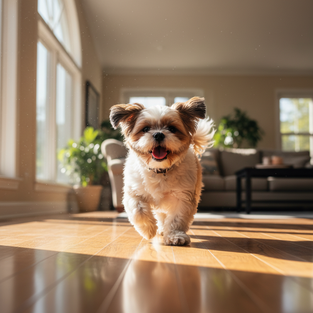 Cheerful Shih Tzu trotting toward camera on a sunlit hardwood floor