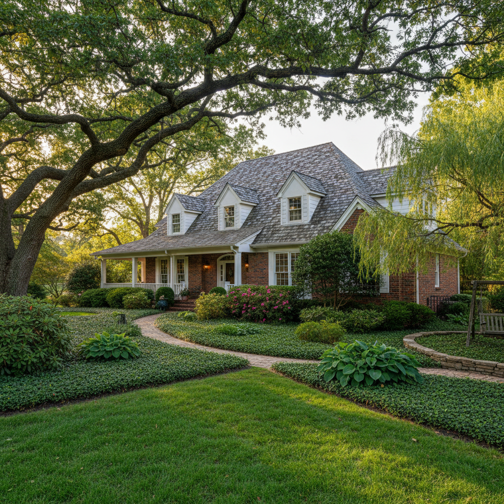 Traditional brick home with mature landscaping in Charlotte North Carolina